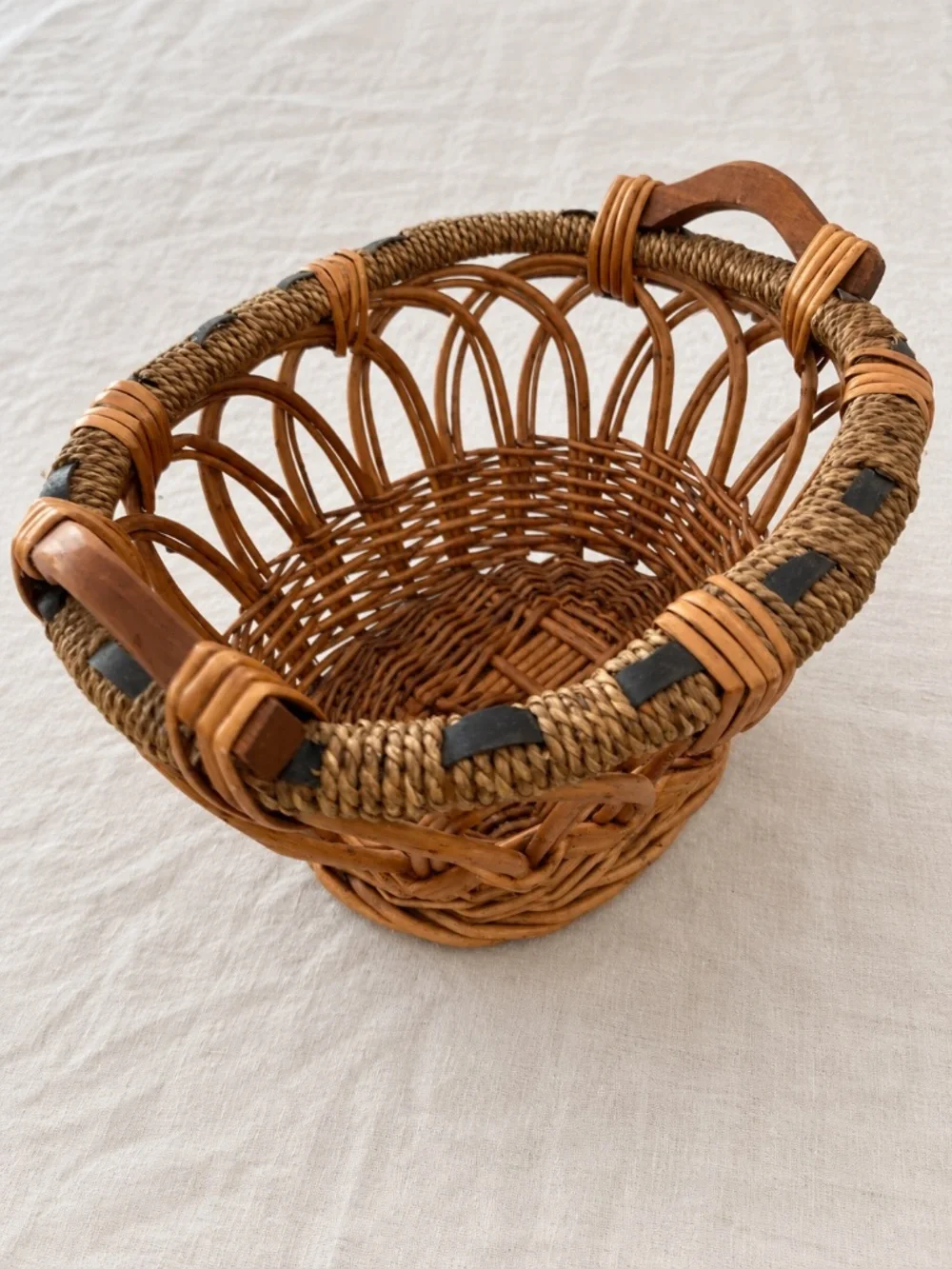 Vintage Woven Wicker Basket Wood Handles Open Weave Pedestal